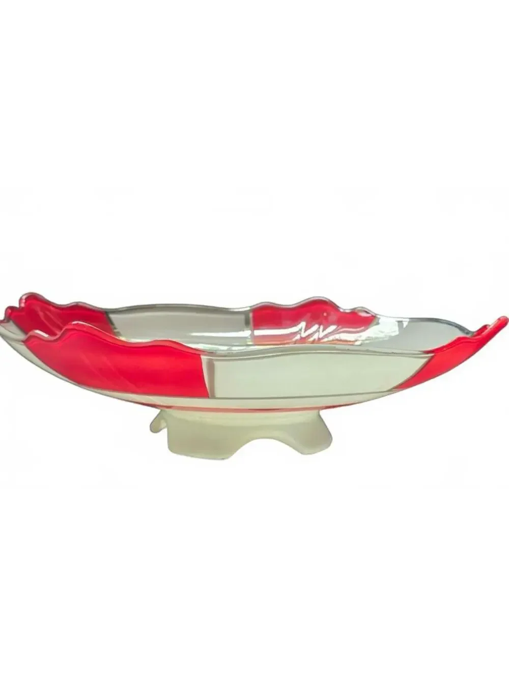 1930s Art Deco Indiana Moderne Classic Red & White Enamel, Platinum Ftd Bowl